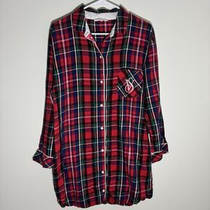 Victoria's Secret Plaid Flannel Sleep Shirt Button Down Nightgown Red Tartan